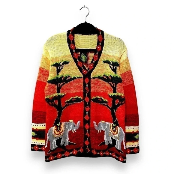 Sweaters - Vintage Handknit Elephants in the African Serengeti Desert Cardigan Sweater M